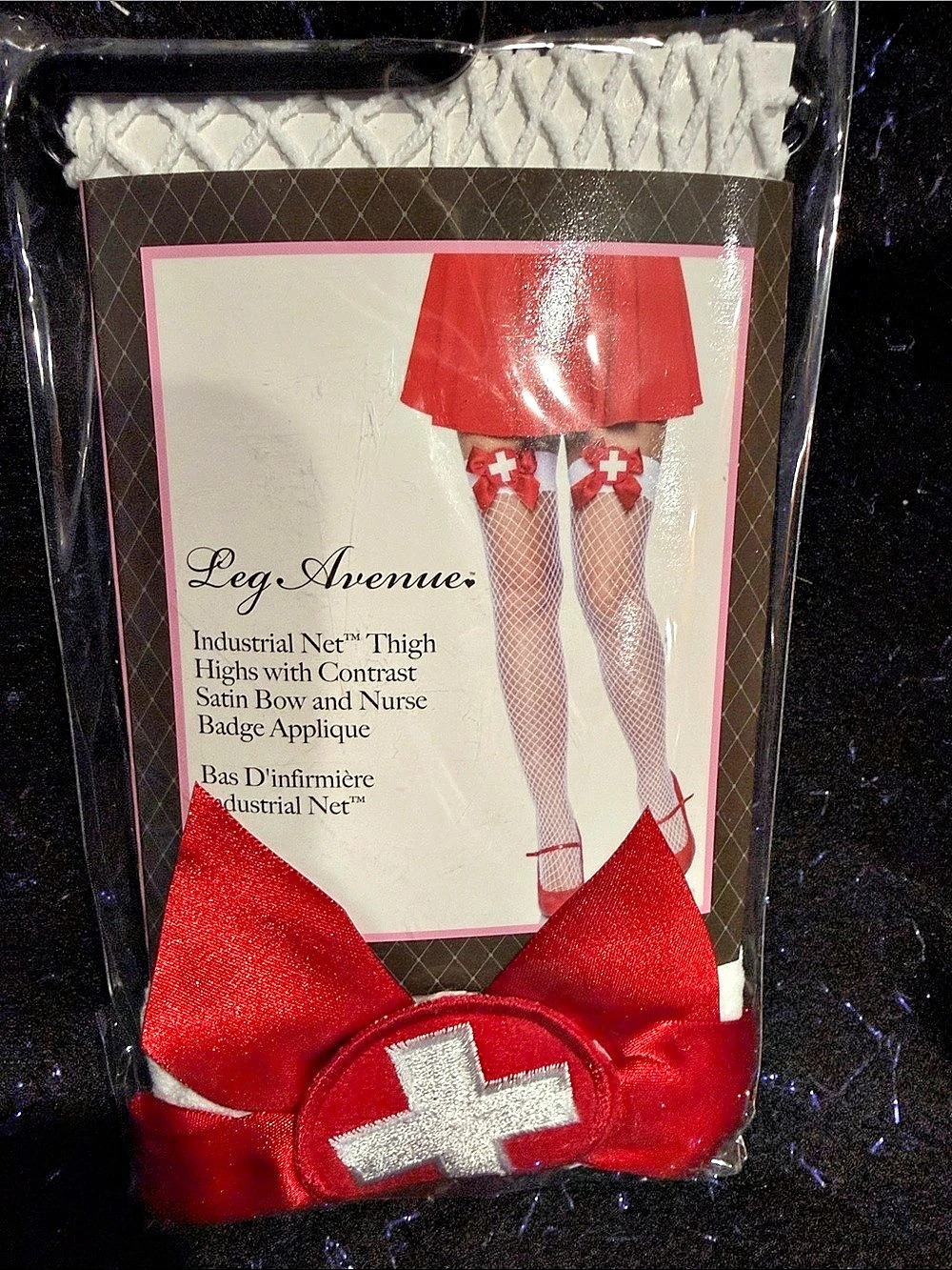 Leg Avenue Industrial Net Thigh Highs with Contrast Satin Bow and Nurse Badge